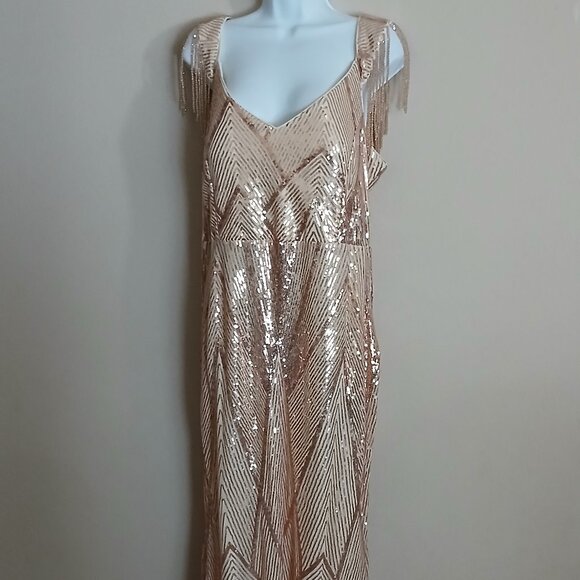 Gold Sequin Fringe Sleeve Maxi Dress Plus Size - Picture 1 of 9